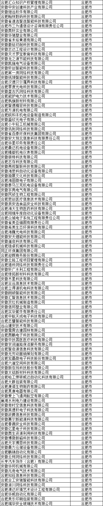 合肥市高新技术企业公示名单